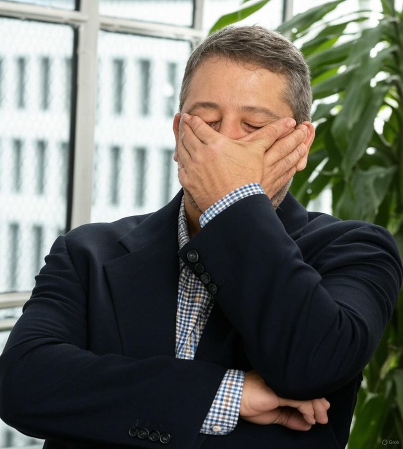 Man in a navy blazer and blue checkered shirt standing with arms crossed and too many hands covering his mouth and lower face, eyes closed, appearing exasperated or overwhelmed. A green plant and window with a city building in the background. The extra hand and fingers belie the fact that this image is AI-generated.