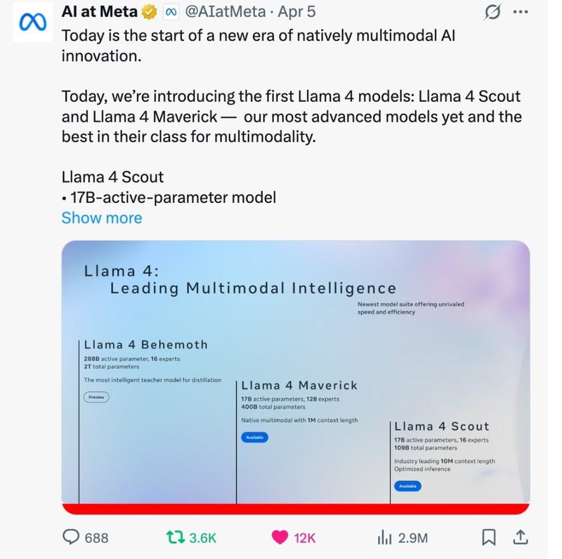 Today is the start of a new era of natively multimodal AI innovation.

Today, we’re introducing the first Llama 4 models: Llama 4 Scout and Llama 4 Maverick — our most advanced models yet and the best in their class for multimodality.

Llama 4 Scout
• 17B-active-parameter model

The image attached to the tweet presents a high-level comparison of three Llama 4 AI models—Behemoth, Maverick, and Scout—under the heading “Llama 4: Leading Multimodal Intelligence.” Each model is shown with its parameter count and capabilities. Behemoth is labeled as a teacher model for distillation, Maverick emphasizes native multimodality with a 1M context length, and Scout highlights optimized inference with a 10M context length. 