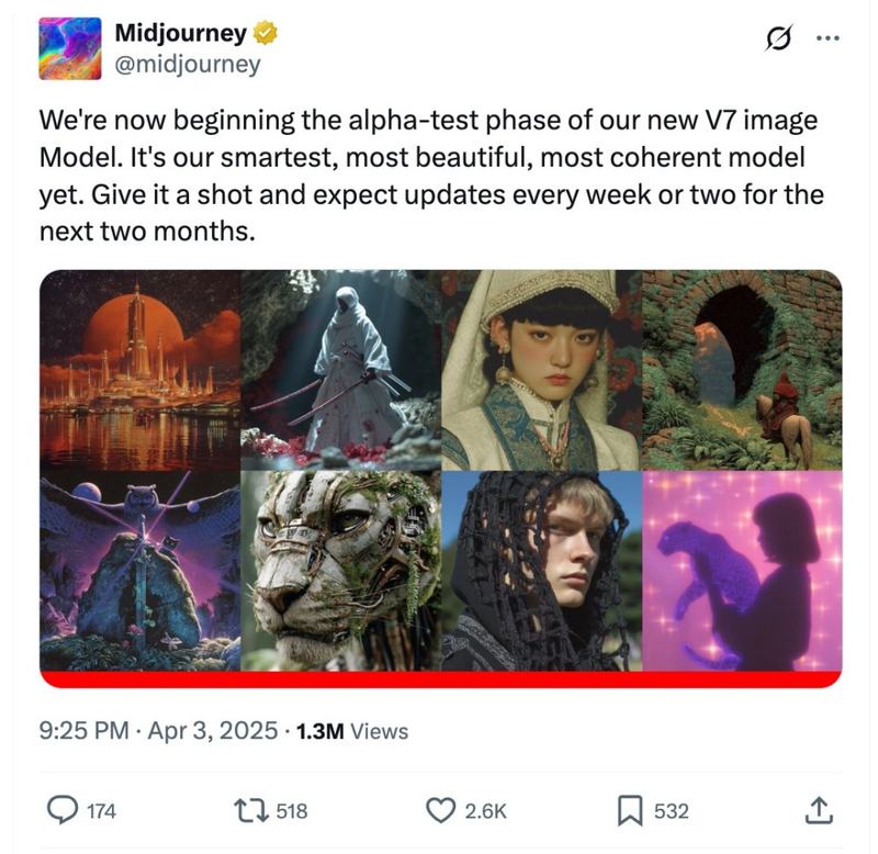 "We're now beginning the alpha-test phase of our new V7 image Model. It's our smartest, most beautiful, most coherent model yet. Give it a shot and expect updates every week or two for the next two months." 

Below the tweet is a 3x3 grid of AI-generated images: a futuristic city under a red planet, a samurai in a white robe with two swords, a woman in traditional Asian attire, a person on horseback near an arched stone ruin, a purple-hued fantasy owl scene, a mechanical lion head, a person in black with a netted head covering, and a silhouetted girl holding a glowing purple animal.