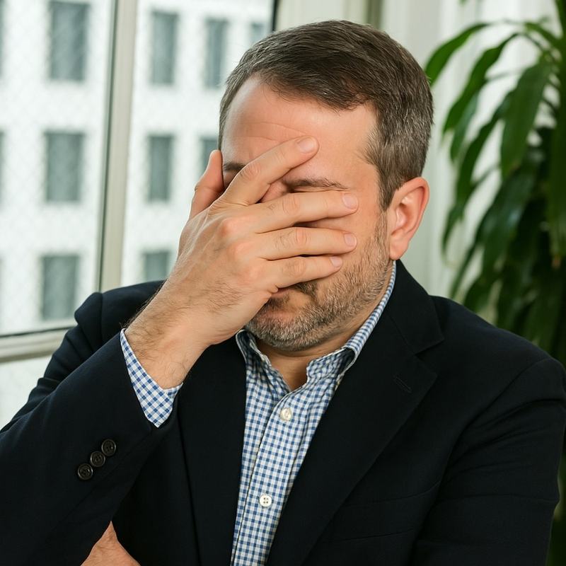 Man wearing a navy blazer and checkered shirt covering his face with one hand, appearing frustrated or stressed, standing indoors near a window with a green plant in the background. Emulating the Picard Facepalm meme.