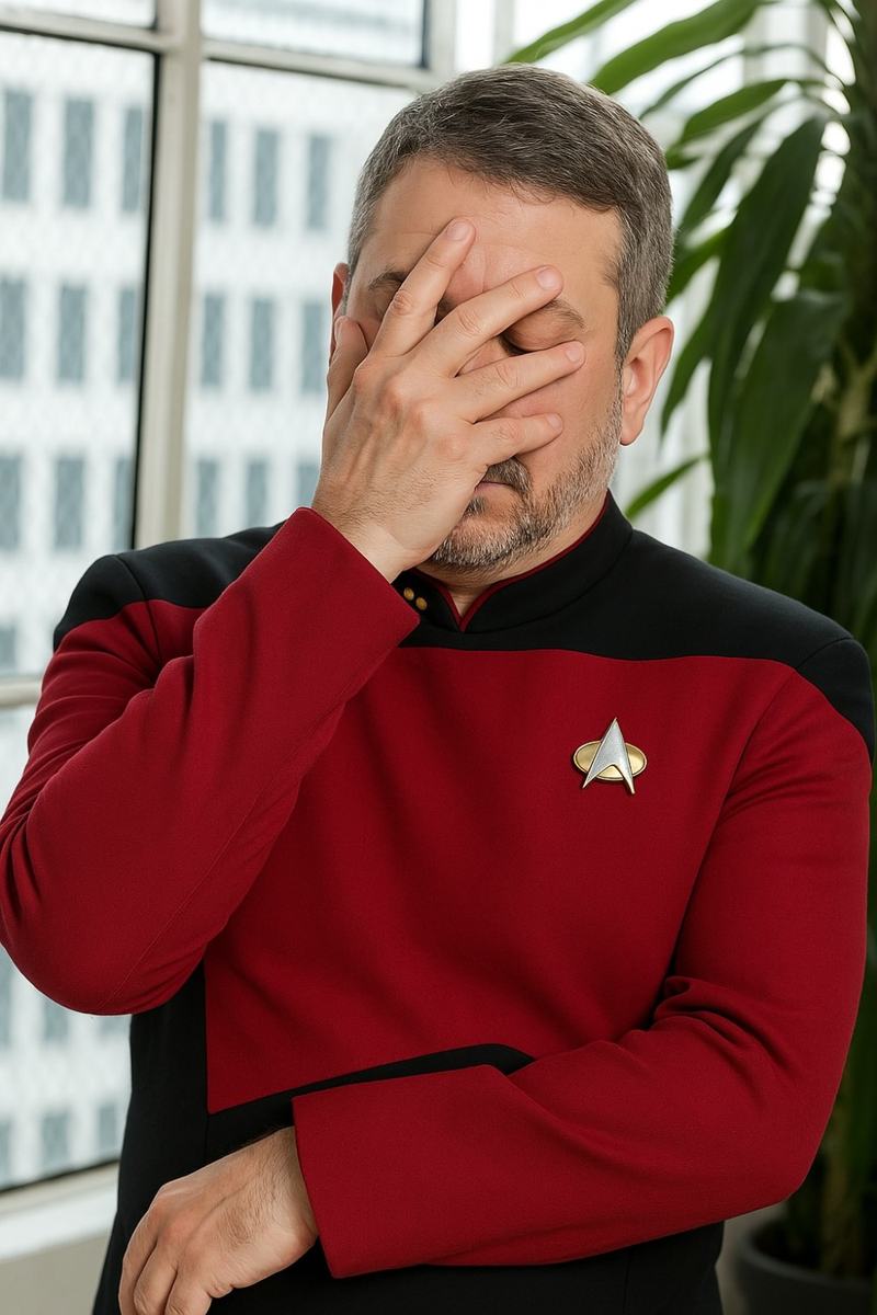 Man in a red and black Starfleet uniform with a silver and gold Star Trek insignia pin covering his face with one hand, standing indoors near a window and a green plant.