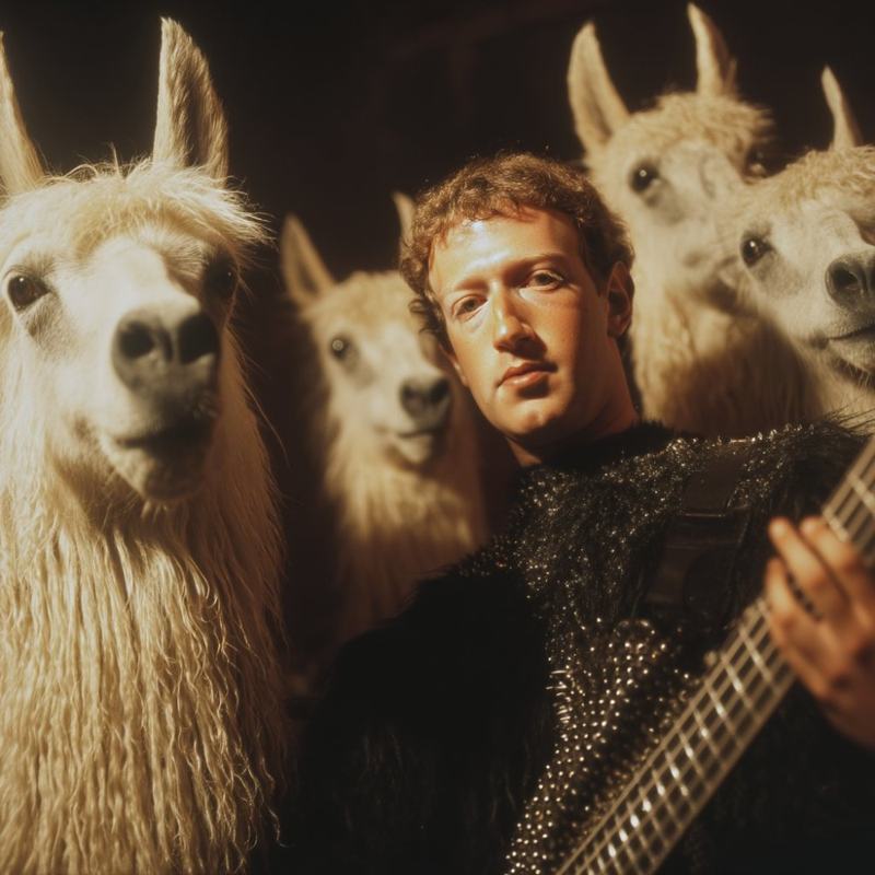 Mark Zuckerberg with a guitar and 4 Llamas