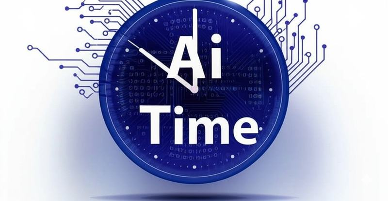 Blue clock face with the words “Ai Time” in bold white text; clock hands point to “A” and “i”; background features circuit patterns.
