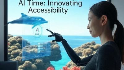 Woman with a prosthetic arm interacts with a floating digital interface; an ocean, dolphin and coral reef appear behind her. Text at top reads 'AI Time: Innovating Accessibility.'