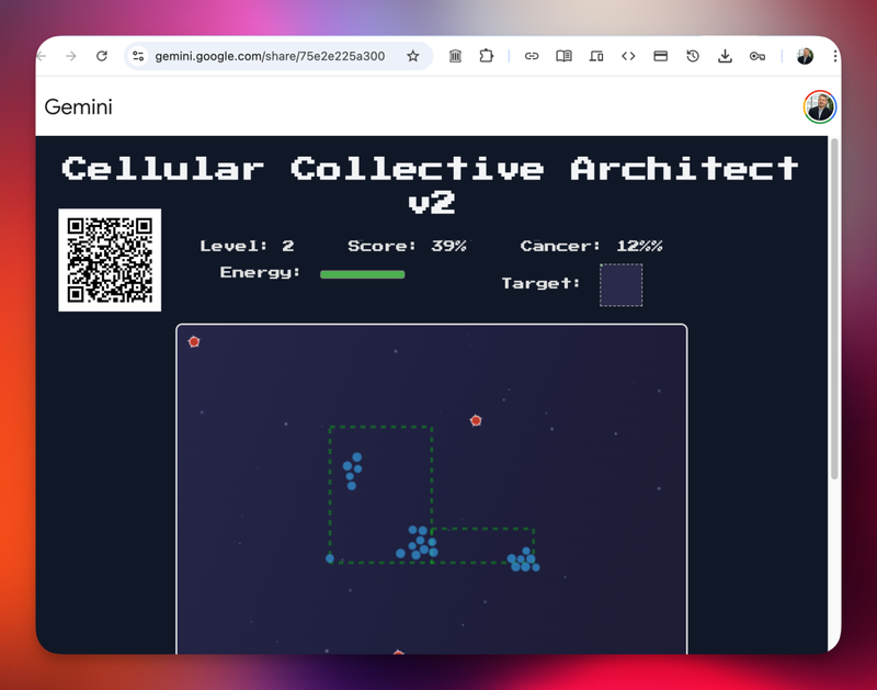 Pixelated interface of a game titled “Cellular Collective Architect v2” displayed on a browser window. The screen shows a QR code on the left and game statistics including Level 2, Score 39%, Cancer 12%, and a green energy bar. Below the stats is a dark gameplay area with blue cell-like dots arranged in a cluster, a green dotted boundary, and small red hexagonal icons scattered in the background. The browser is open to a Gemini URL, with browser interface elements visible at the top.