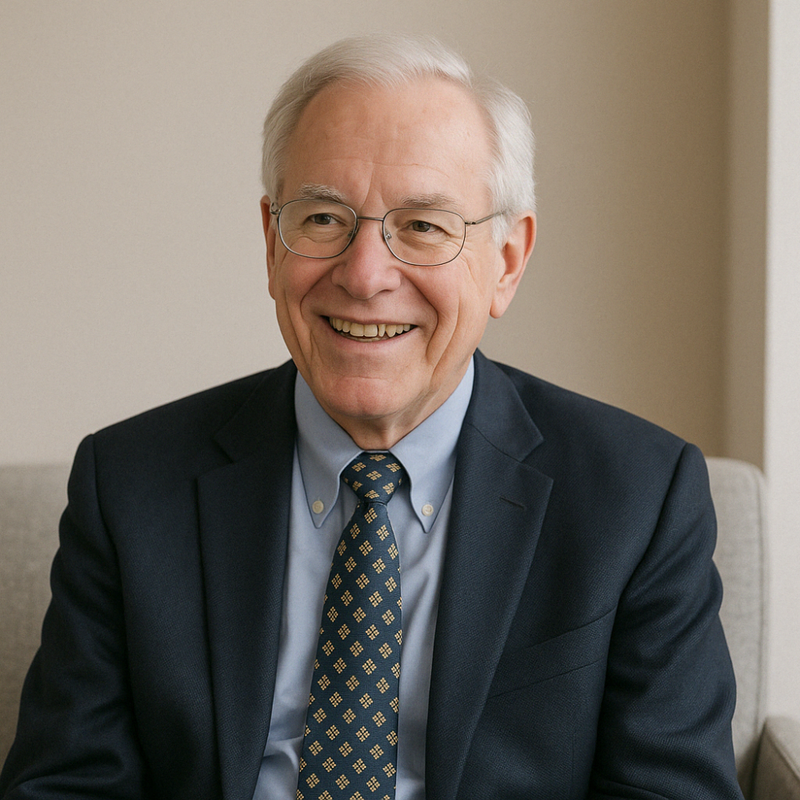 Smiling older man with white hair and glasses, wearing a navy suit, light blue shirt, and patterned tie, seated indoors on a light-colored chair.