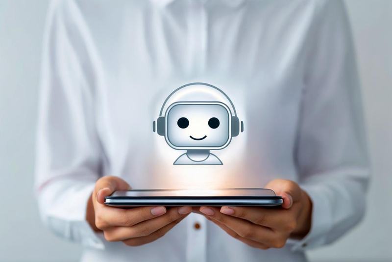 Person holding a tablet with a smiling digital assistant icon floating above it.