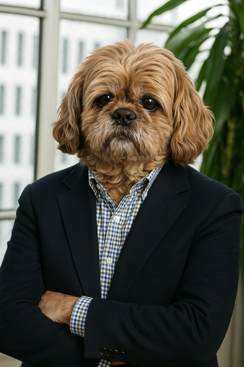 AI-generated image of a person with the head of Pepe, a fluffy brown dog, wearing a navy blazer over a blue plaid shirt with arms crossed. The setting is a modern office with large windows and a leafy green plant in the background. This image represents Joe imagined as Pepe in human form.