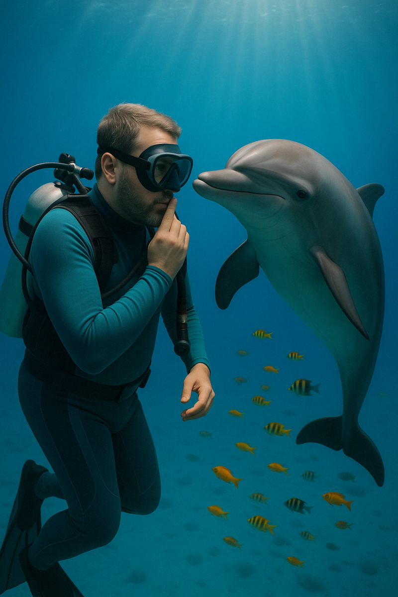 Joe in scuba gear, chatting with a Dolphin in the deep sea with smaller fish around.