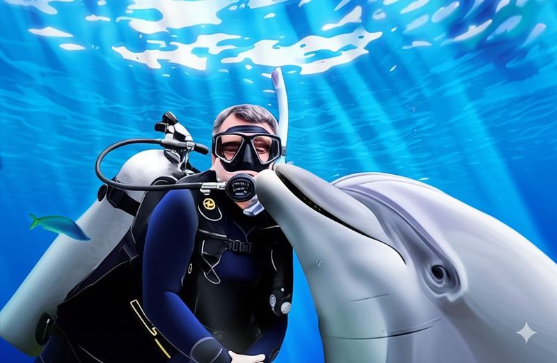 Joe in scuba gear underwater being gently nuzzled by a dolphin, with light beams streaming through the blue water above and a small fish swimming in the background.
