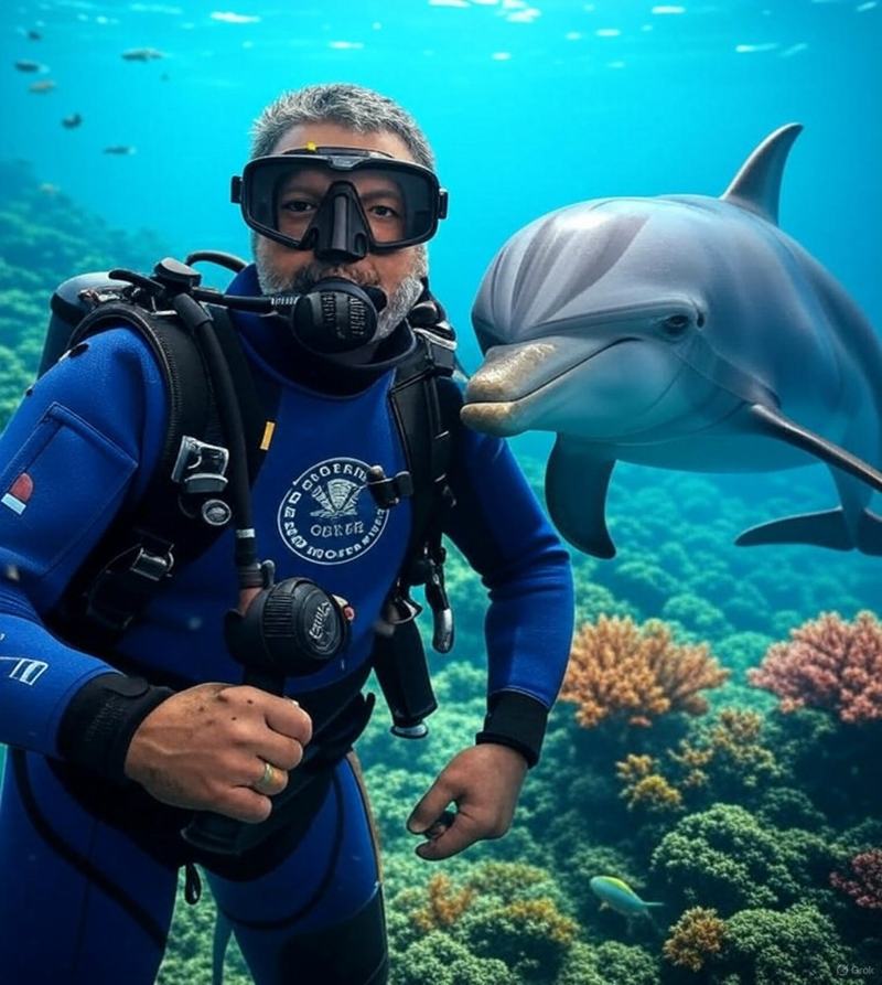Joe in a blue wetsuit posing underwater beside a dolphin near a vibrant coral reef, with various small fish swimming in the background.