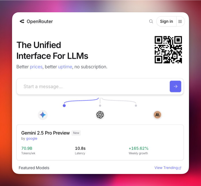 Screenshot of the OpenRouter platform: “The Unified Interface For LLMs, Better prices, better uptime, no subscription. A QR code and “Sign in” button are located in the top right. Below is a message input box "Start a message" with an arrow send button. Three AI model icons are connected visually: Google Gemini, OpenAI, and Anthropic. The Gemini 2.5 Pro Preview model is featured.