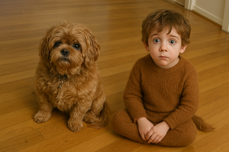 Real fluffy brown dog named Pepe sits on a wooden floor next to an AI-generated child designed to show what Pepe might look like as a human. Both have similar curly brown hair, wide-eyed expressions, and wear matching textured brown outfits, emphasizing their resemblance.