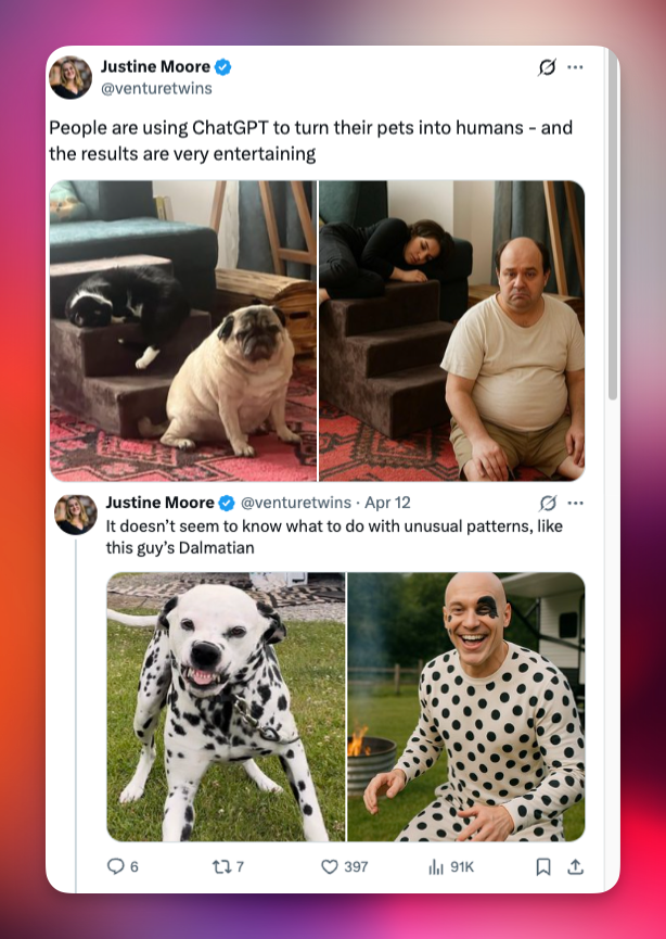 "People are using ChatGPT to turn their pets into humans - and the results are very entertaining"
Two tweets by Justine Moore with side-by-side photos of pets and their humorous AI-generated human counterparts. The first tweet shows a black cat and a pug sitting by carpeted stairs, next to an image of a woman and a bald man mimicking their positions. The second tweet shows a Dalmatian dog on grass and a bald man in a matching polka dot outfit, smiling beside a fire pit. 