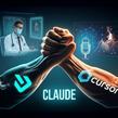 Two muscular arms with AI coding logos arm-wrestle above the word Claude; a doctor and medical scans, a podcast microphone, and an accessibility symbol appear in the background.