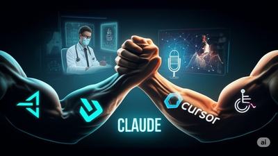 Two muscular arms with AI coding logos arm-wrestle above the word Claude; a doctor and medical scans, a podcast microphone, and an accessibility symbol appear in the background.