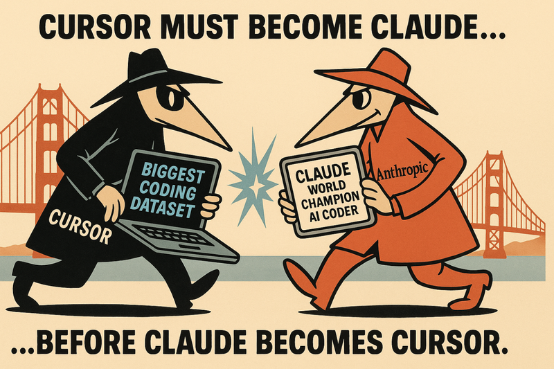 Two spy-like cartoon figures face off in front of the Golden Gate Bridge. The black-clad figure labeled "Cursor" holds a laptop reading "Biggest Coding Dataset." The red-clad figure labeled "Anthropic" holds a tablet reading "Claude World Champion AI Coder." Text above reads "Cursor must become Claude..." and below, "...before Claude becomes Cursor."