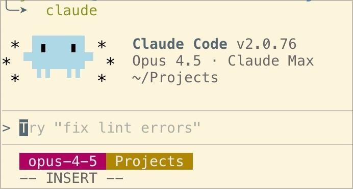 Terminal screenshot showing Claude Code v2.0.76 running in a Projects directory, labeled “Opus 4.5 · Claude Max,” with an ASCII-style Claude mascot, a prompt suggesting “Try ‘fix lint errors’,” and an insert mode indicator reading “opus-4-5 Projects.”