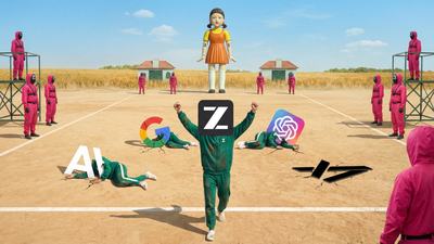 Squid Game battlefield: giant doll towers over field as Z.ai stands victorious while Google, OpenAI, Anthropic, and xAI lie fallen —Nano Banana Pro