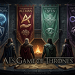 Alt=Four cloaked figures face banners that start with "The House of" Anthropic, Altman, Qwen, Meta above a map table and “AI’s Game of Thrones"