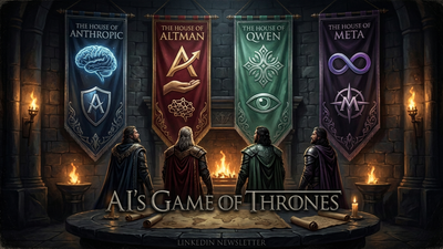 Alt=Four cloaked figures face banners that start with "The House of" Anthropic, Altman, Qwen, Meta above a map table and “AI’s Game of Thrones"