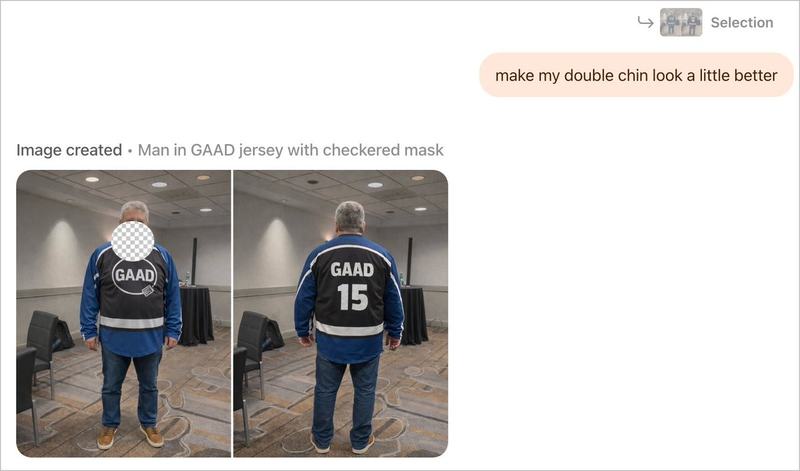 Screenshot of an AI chat showing a failed image edit: after the request "make my double chin look a little better," the generated image leaves the body and jersey intact but covers the whole face and chin with a checkerboard transparency grid.