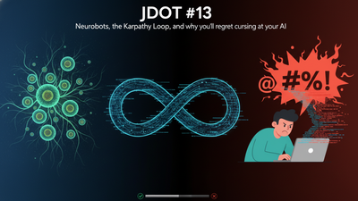 Neuron-like network, a glowing infinity symbol, and an angry laptop user beneath the title about neurobots and the Karpathy Loop. Nano Banana