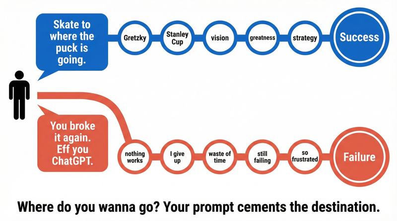 Diagram showing two possible outcomes based on prompting.
The top blue path begins with "Skate to where the puck is
going." and passes through circles labeled "Gretzky,"
"Stanley Cup," "vision," "greatness," and "strategy" to
"Success." The bottom red path begins with "You broke it
again. Eff you ChatGPT." and passes through "nothing
works," "I give up," "waste of time," "still failing,"
and "so frustrated" to "Failure." Text at the bottom
reads: "Where do you wanna go? Your prompt cements the
destination."