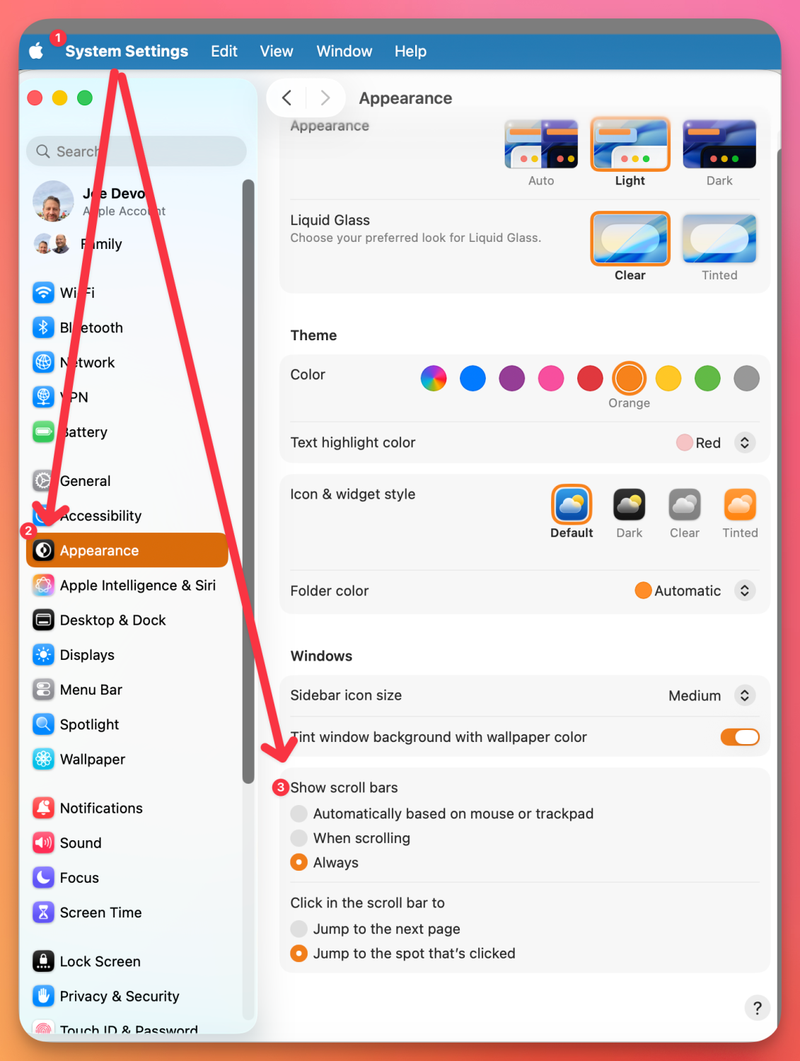 Annotated macOS System Settings screenshot showing how to make scroll bars always visible: open Appearance in the left sidebar, then under Windows select Show scroll bars > Always.