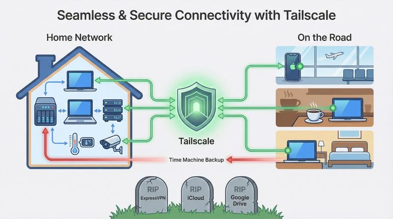 Infographic showing a home network with laptops, NAS,
servers, and a security camera connected through
Tailscale to remote devices on the road, including a
phone at an airport and laptops in a café and hotel
room. A red arrow labeled "Time Machine Backup" points
from the remote devices back to the home network.