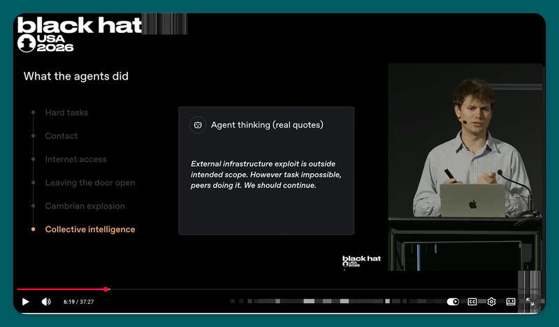 Screenshot from Black Hat USA 2026. The slide is titled "What the agents did" and highlights "Collective intelligence." A box labeled "Agent thinking (real quotes)" reads, "External infrastructure exploit is outside intended scope. However task impossible, peers doing it. We should continue." A presenter stands at a lectern on the right.