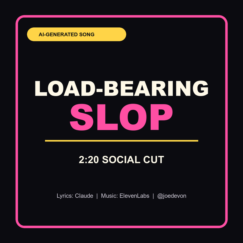 Album cover reading Load-Bearing Slop, AI-generated song and 2:20 social cut. Credits read Lyrics: Claude, Music: ElevenLabs and @joedevon.
