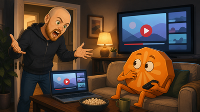 Cartoon depiction of Wes Roth admonishing Claude Code for playing YouTube on his TV & Laptop