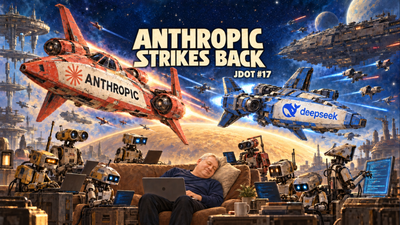 Space-opera poster reading "Anthropic Strikes Back" and "JDOT #17." Joe sleeps on a couch while robots write code. Anthropic and DeepSeek spacecraft battle above a glowing planet.