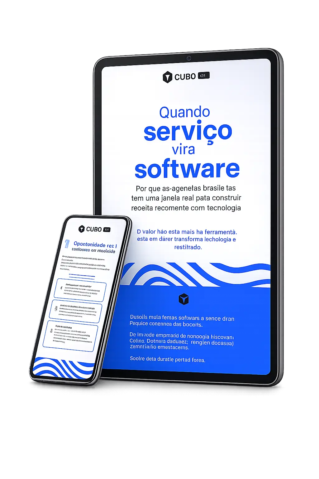 Mockup do ebook Quando serviço vira software em tablet e celular