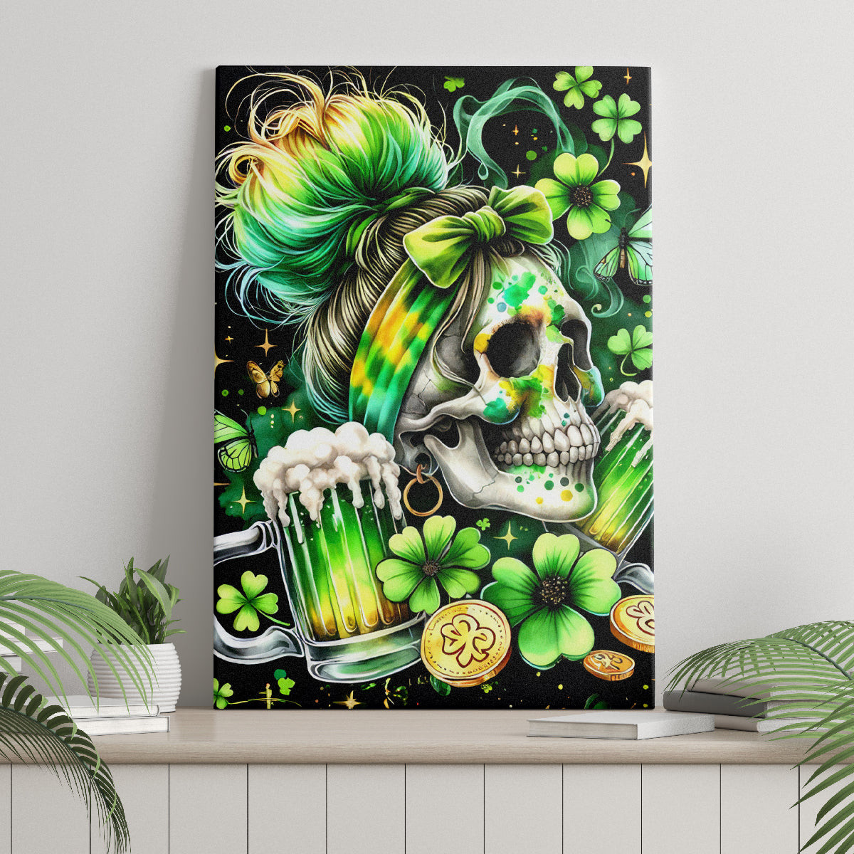 Irish Skull Canvas Wall Art Drink Up Bitches Dt01