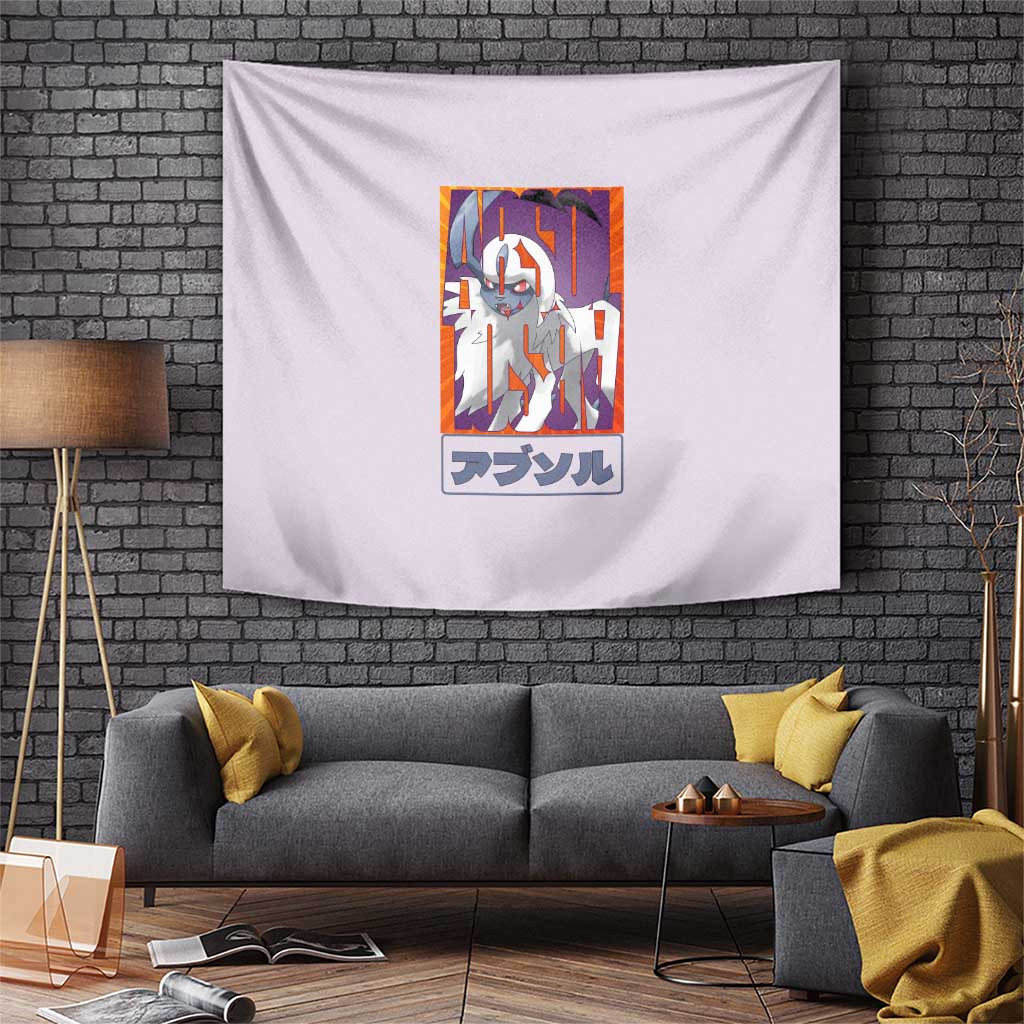 Absol Dark Type Graphic Tapestry With Japanese Text And Red Eye Design