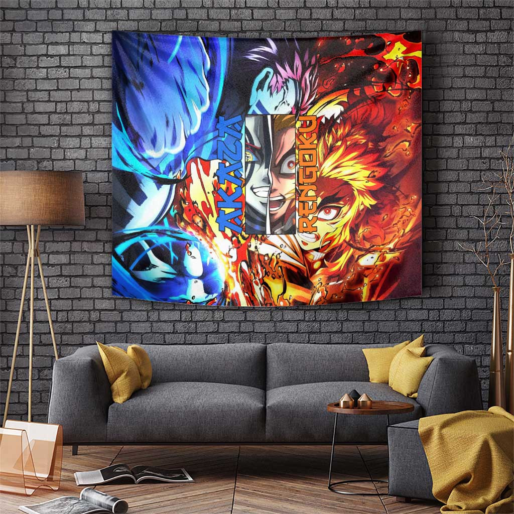 Akaza And Rengoku Flame Hashira Showdown Tapestry With Black Wave Pattern