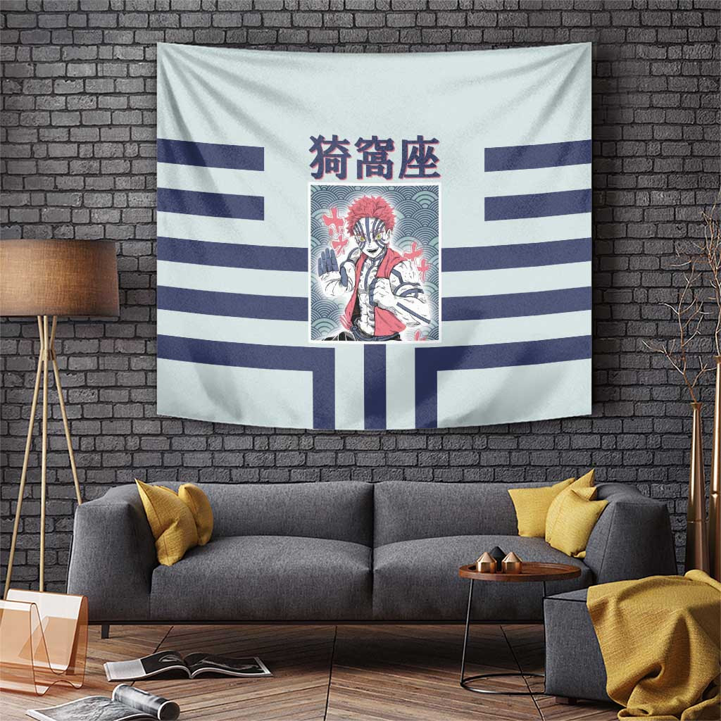 Akaza Demon Slayer Tapestry With Blue Geometric Pattern And Fighting Pose Design