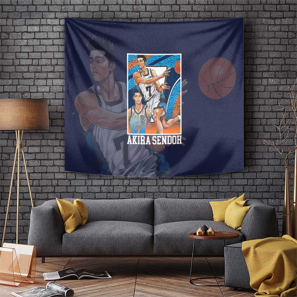 Akira Sendoh Slam Dunk Tapestry With Dynamic Navy Blue And Orange Court Style