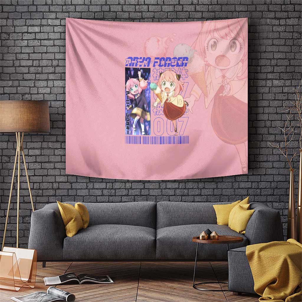 Anya Forger Spy X Family Tapestry With Playful Pink Mascot And Barcode Frame
