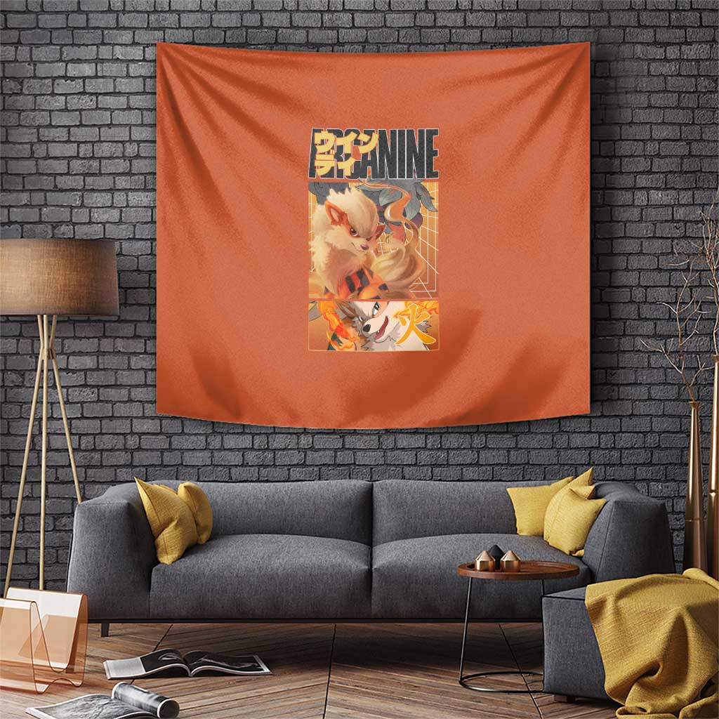 Arcanine Fire Type Graphic Tapestry With Japanese Text And Flame Design