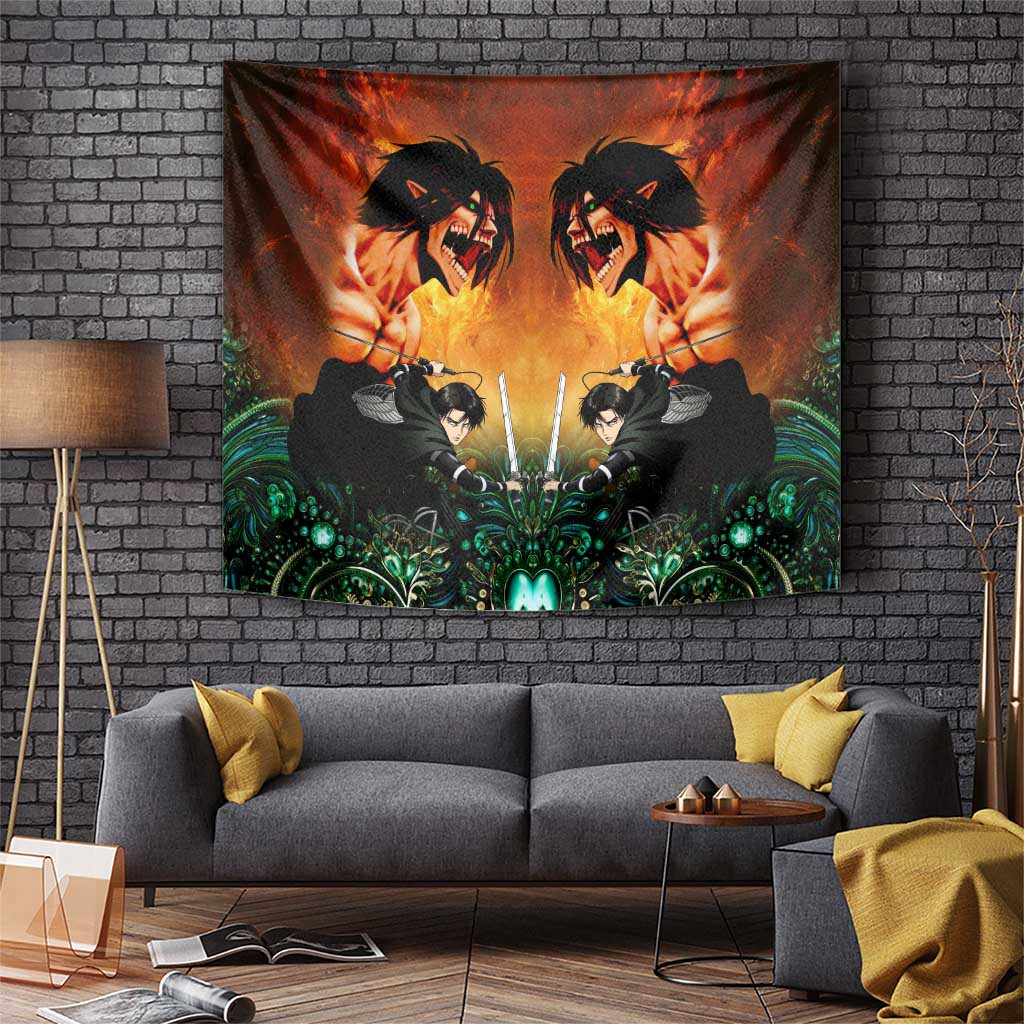 Attack On Titan Tapestry With Levi Ackerman And Titan Fire Design