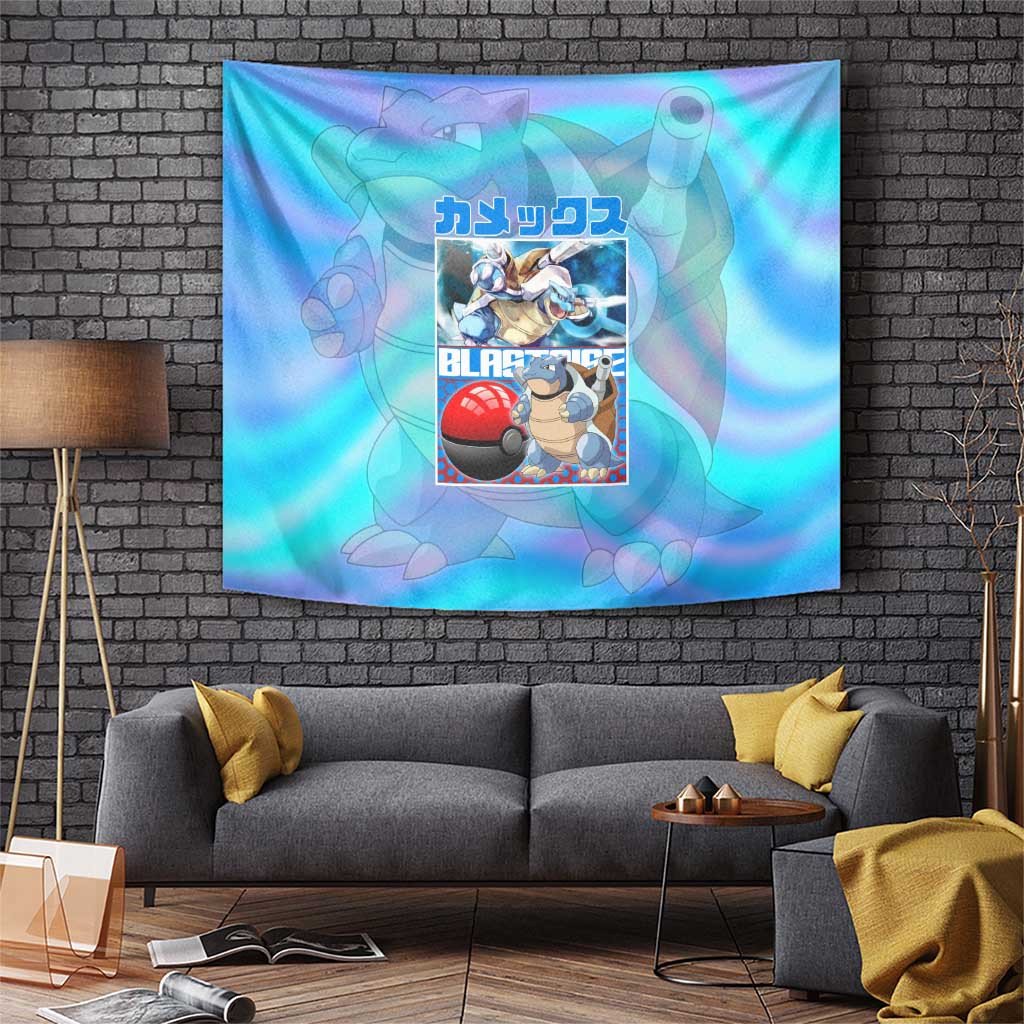 Blastoise Poke Tapestry With Water Swirl Aqua Wave Design