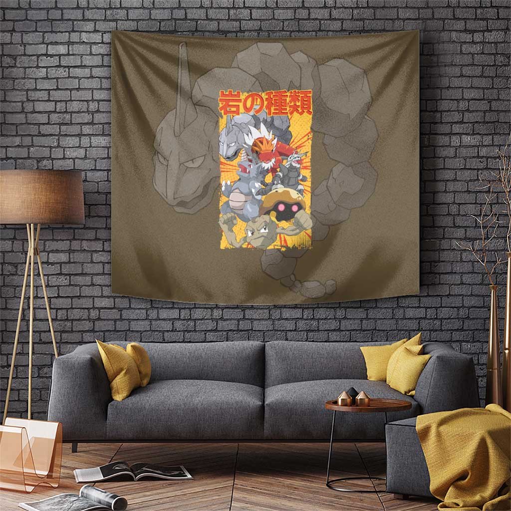 Brock Rock Type Poke Tapestry Featuring Onix Golem Kabutops In Brown