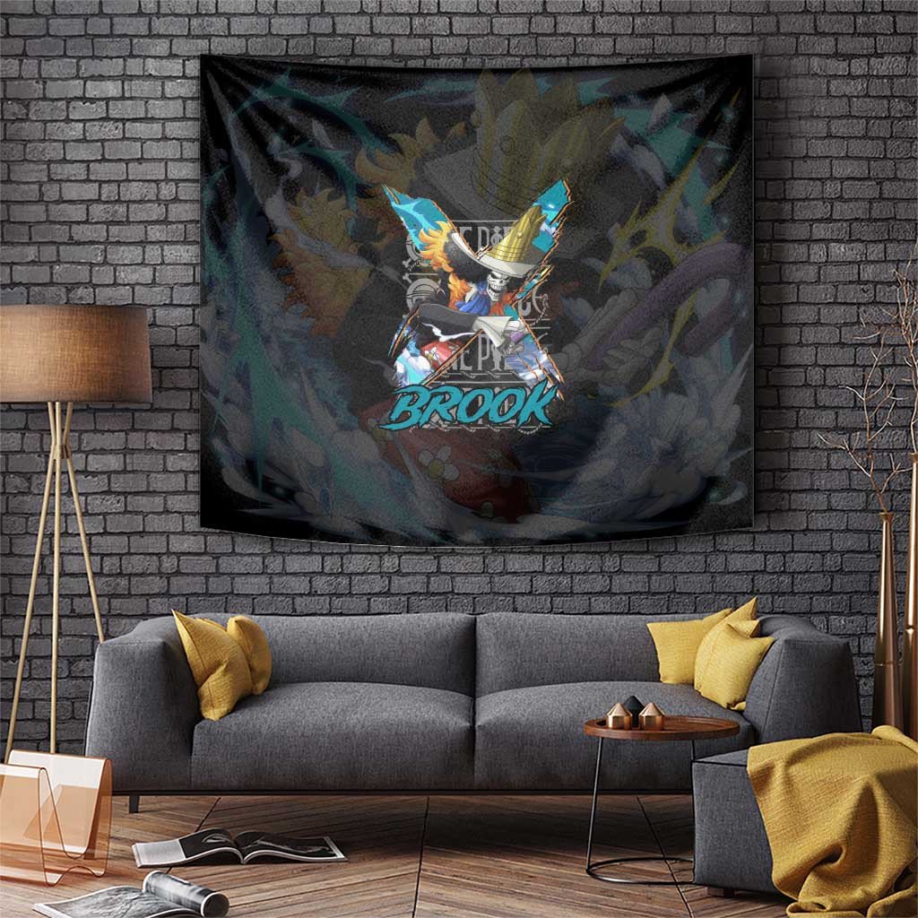 Brook One Piece Musical Skeleton Tapestry With Violin And Afro Anime Style