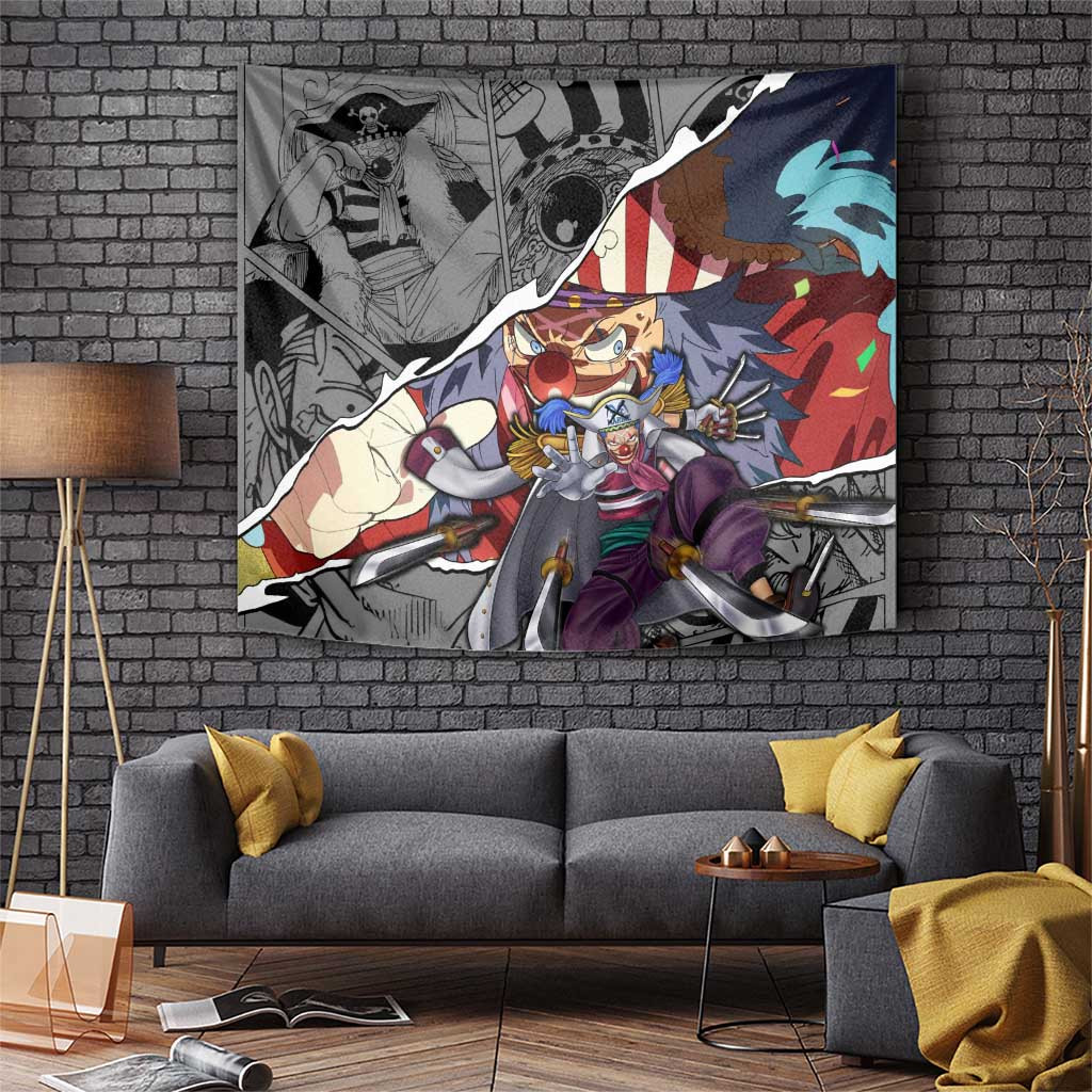 Buggy The Clown One Piece Tapestry With Comic Collage And Chop Chop Fruit Theme