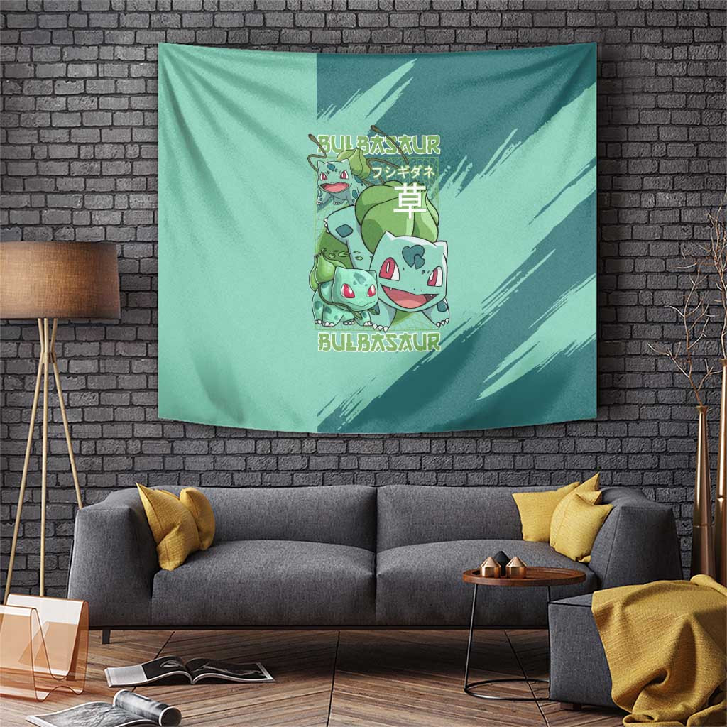 Bulbasaur Evolution Graphic Tapestry With Japanese Text And Leaf Design