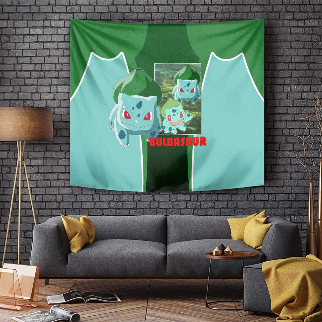 Bulbasaur Green Anime Tapestry With Vine Whip Graphic And Leaf Themed Style
