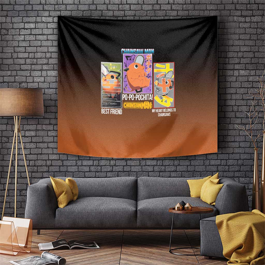 Chainsaw Man Pochita Tapestry With Cute Anime Graphic And Brown Gradient Design